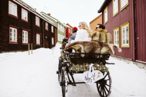 Brudepar med hest og kjerre.